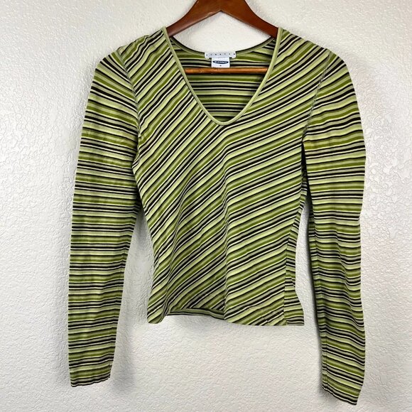 Old Navy Women’s Size S Green Striped Y2K Stretch Top Long Sleeve V-Neck - Picture 1 of 5